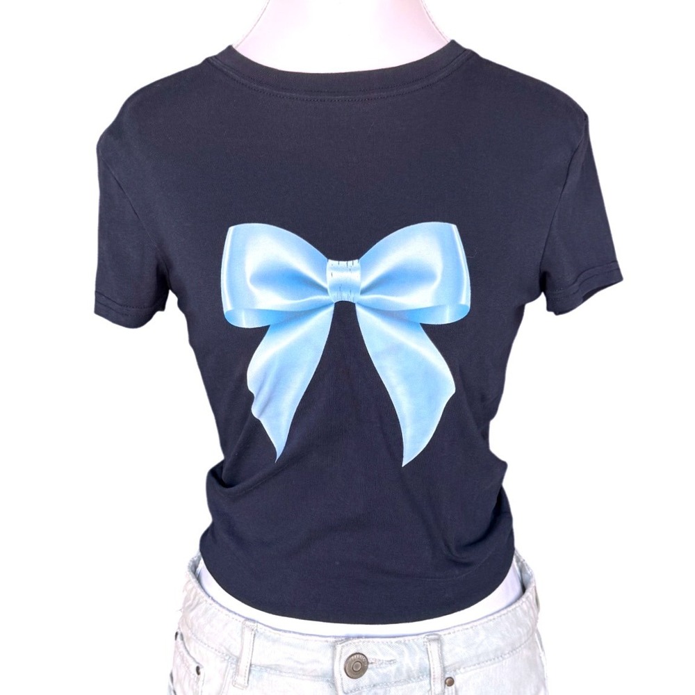 Edikted Baby Tee  Blue Bow Graphic Navy Cropped Coquette T-Shirt Small